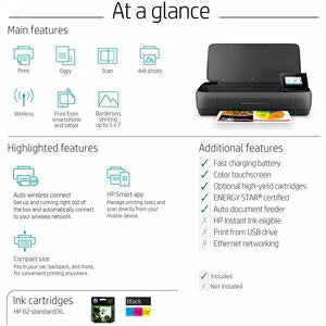 HP OfficeJet 250 Wireless Mobile All-in-One Printer (Print, Scan, Copy, Wi-Fi, USB, 4800×1200 DPI)