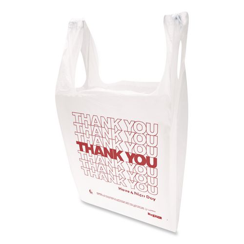 HDPE T-Shirt Bags, Thank You - Have a Nice Day Labeling, Cut-Out Handles, 12" x 7" x 23", White/Red, 500/Carton