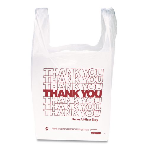 HDPE T-Shirt Bags, Thank You - Have a Nice Day Labeling, Cut-Out Handles, 12" x 7" x 23", White/Red, 500/Carton