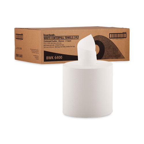 Center-Pull Hand Towels, 2-Ply, Perforated, 7.5 x 9, White, 600/Roll, 6 Rolls/Carton