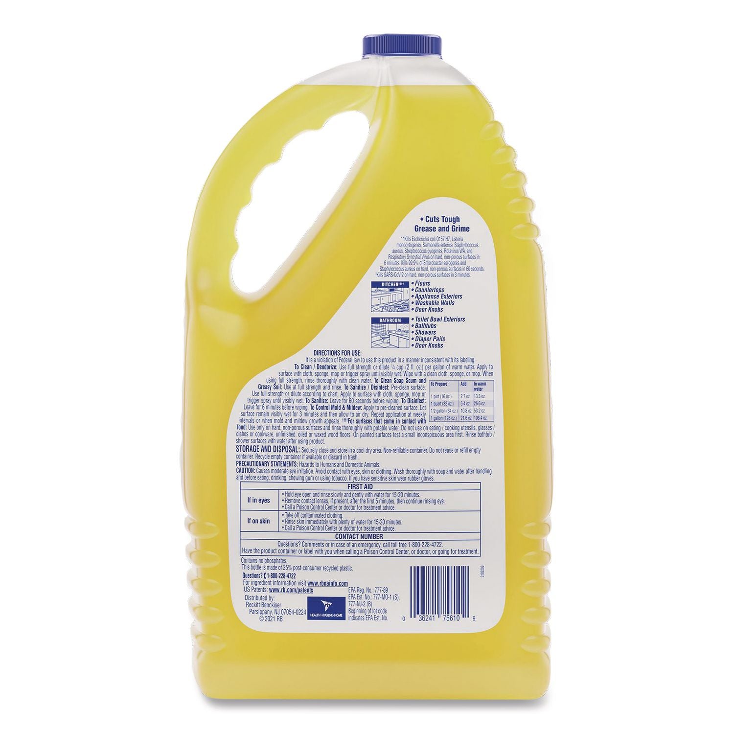 Clean and Fresh Multi-Surface Disinfectant Cleaner, Sparkling Lemon and Sunflower Essence, 144 oz Bottle, 4/Carton